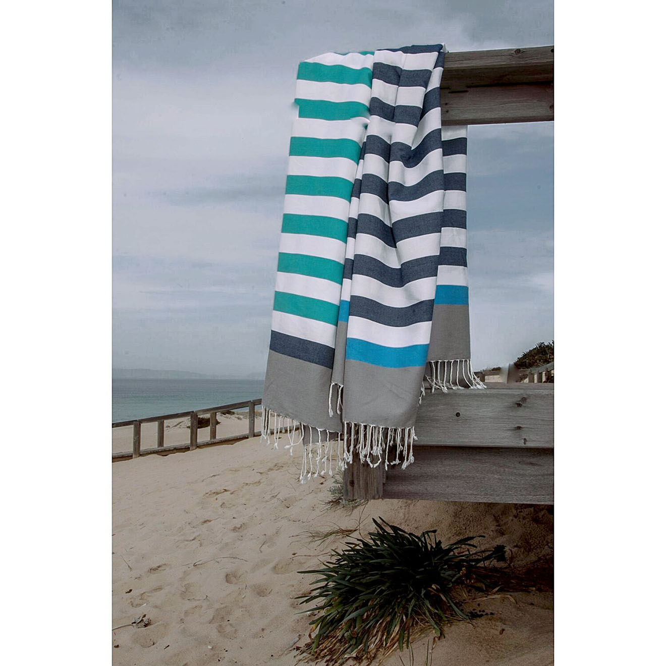 Febronie Fouta Arcachon blanc/taupe clair/bleu jean/bleu azur - 100x200 cm