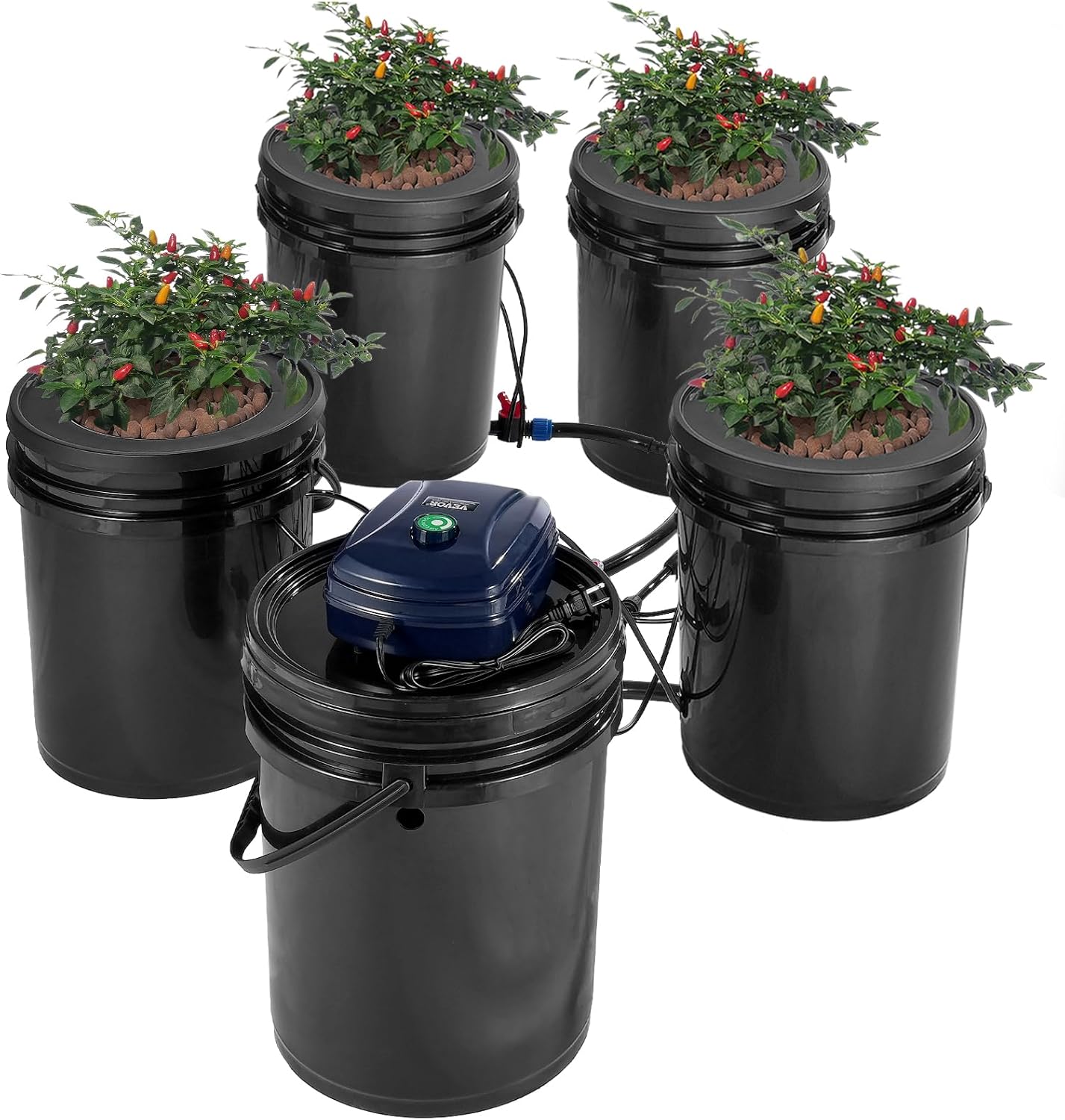 VEVOR RDWC Hydroponisches Anbausystem, Hydrokultur Anzuchtsysteme mit Tropfsystem, Umwälz-Tiefwasserkultur, 4 Eimer und 1 Reservoir, mit Luftpumpe und Wasserstandsanzeige für Blattgemüse