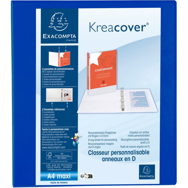 Classeur 4 anneaux plastifié Exacompta Kreacover® personnalisable A4 maxi - Dos 7,5 cm bleu