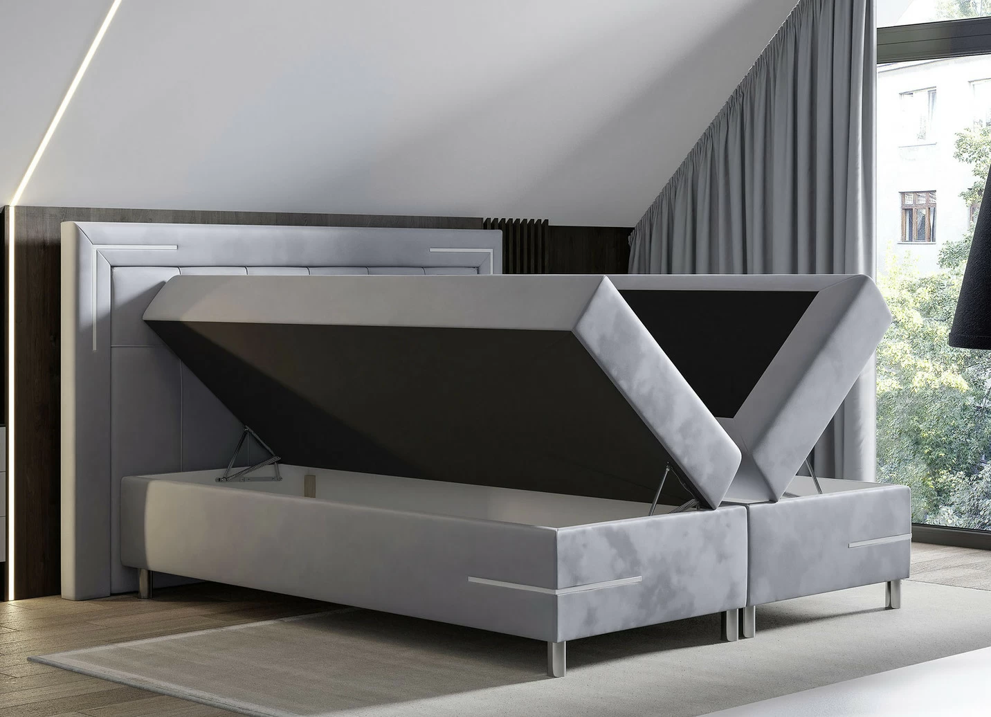 Boxspringbett mit LED-Beleuchtung und Topper