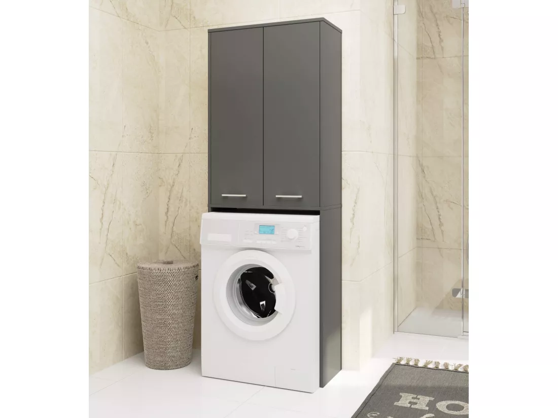 meuble machine a laver 2 portes 4 étagères 180x64x30 cm gris