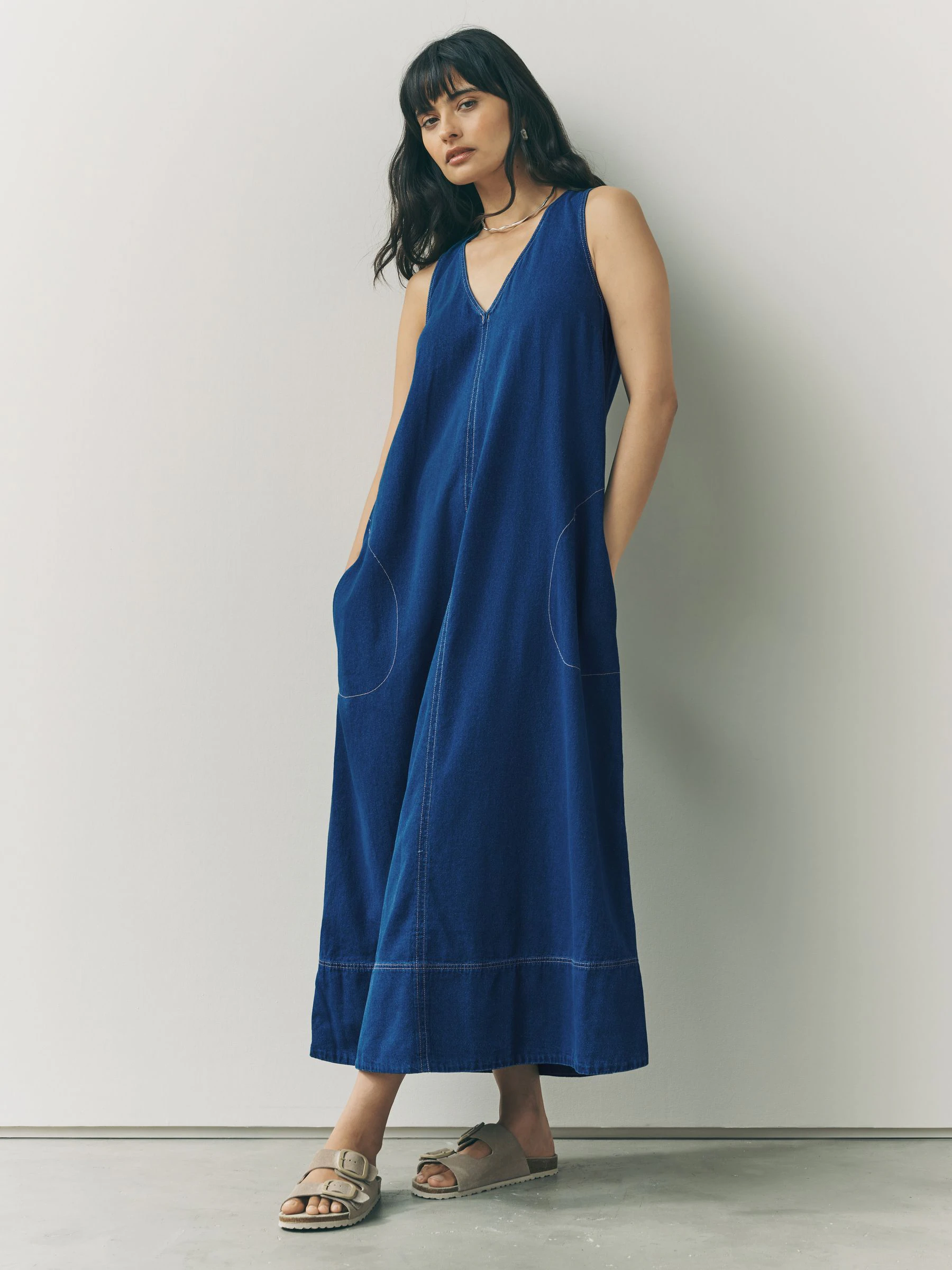 Middenblauw denim - V-Neck Sleeveless Maxi Dress