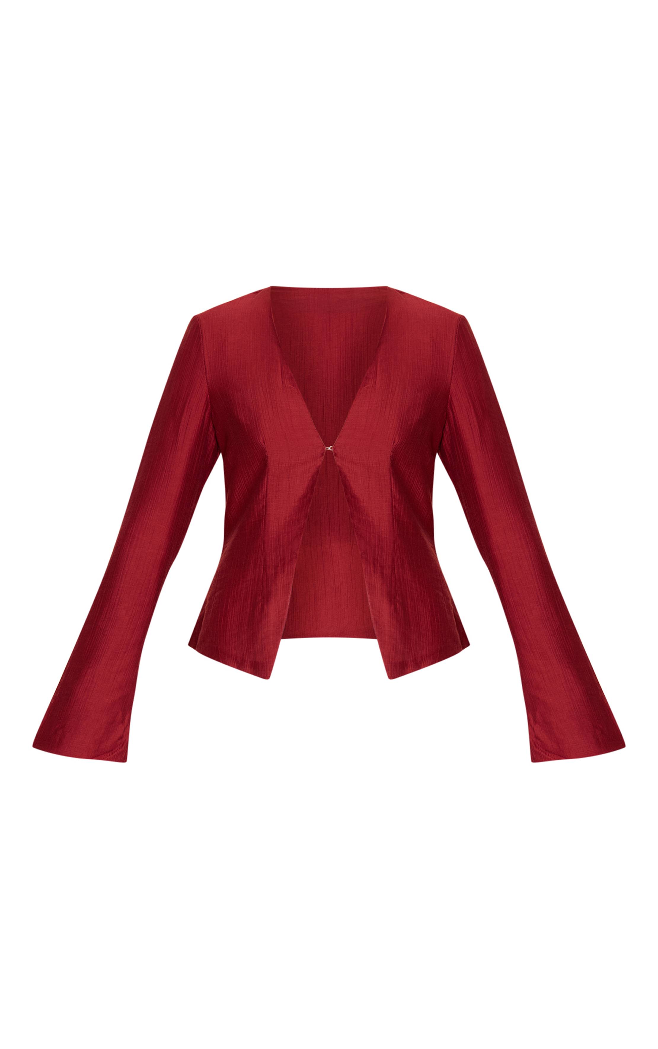 Rouge Profond Chemise Texturée À Manches Évasées Avec Fermeture À Crochets