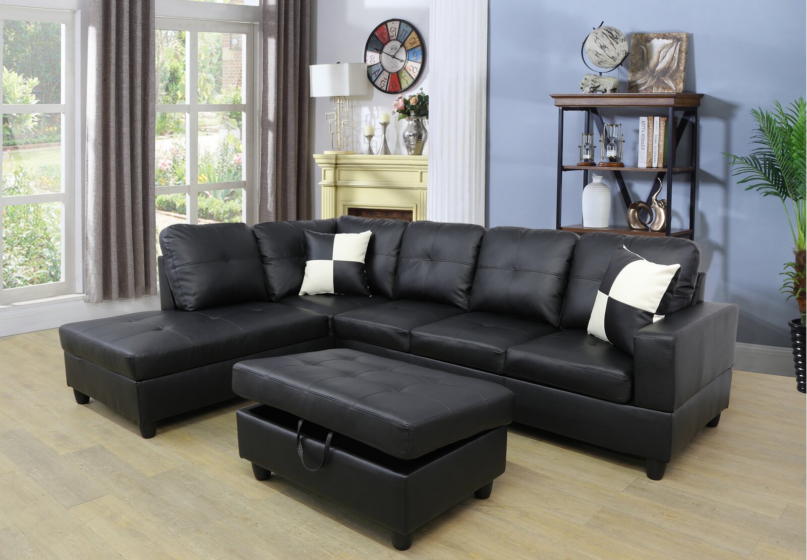 Wilhelmine 103.5&prime;&prime; Wide Faux Leather Sofa & Chaise With Ottoman