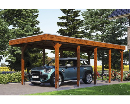 SKAN HOLZ Friesland enkele carport inclusief aluminium dakpanelen en H-paalankers, 314 x 708 cm, notenhout