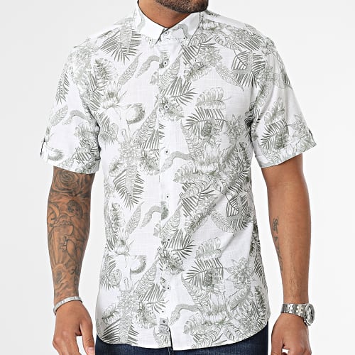 Chemise Manches Courtes Floral Blanc Vert Kaki