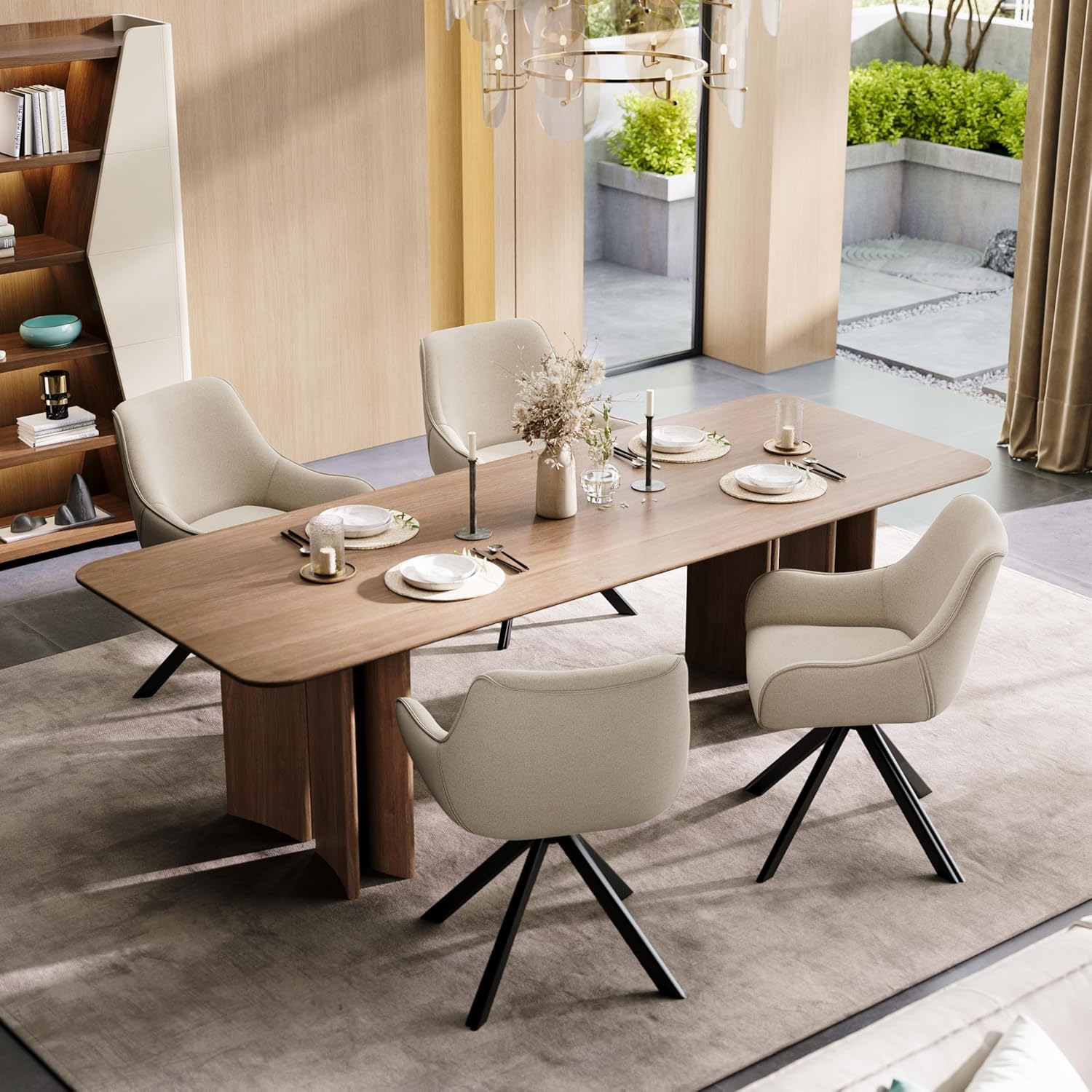Esszimmerstühle Drehbar 2er Set mit Armlehne – 360°Drehbar Polsterstuhl Leinen Modern Drehstuhl Küchenstuhl mit Metallgestell und Rückenlehne für Esszimmer, Wohnzimmer, Büro, Beige