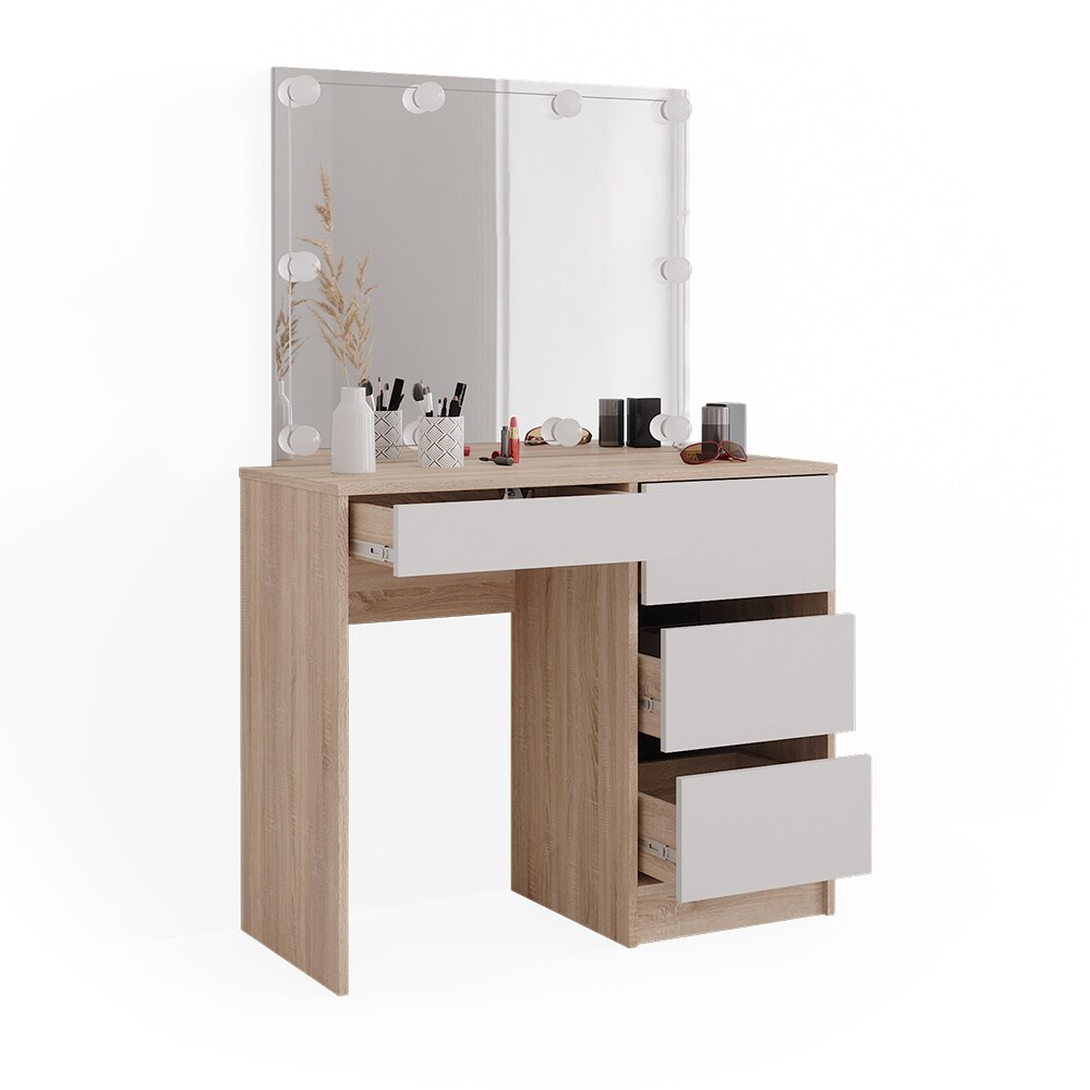 Vicco Schminktisch Sherry Sonoma Weiß, 90 x 75 cm, Spiegel, LED, Frisiertisch