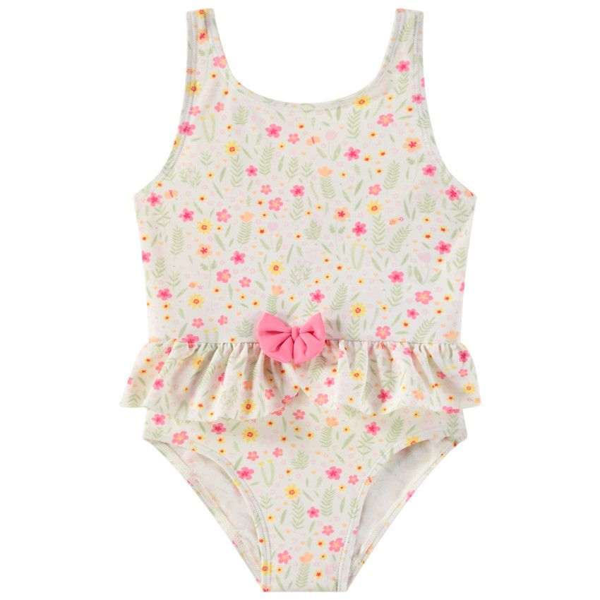 Maillot de bain 1 pièce imprimé fleurs pour bébé fille - Ecru