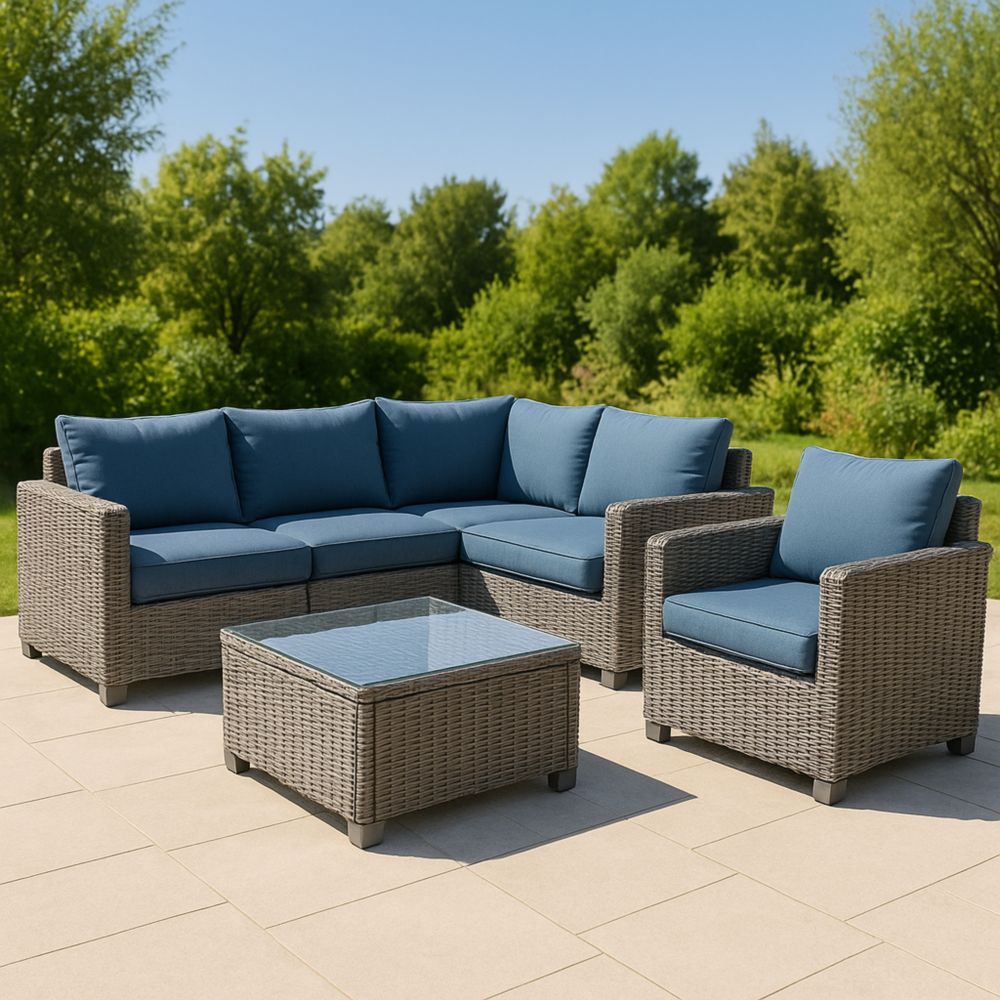 Gartenmöbel Set Polyethylen Blau/Grau, Ecke Sofa, Sessel und Tisch mit Glasplatte