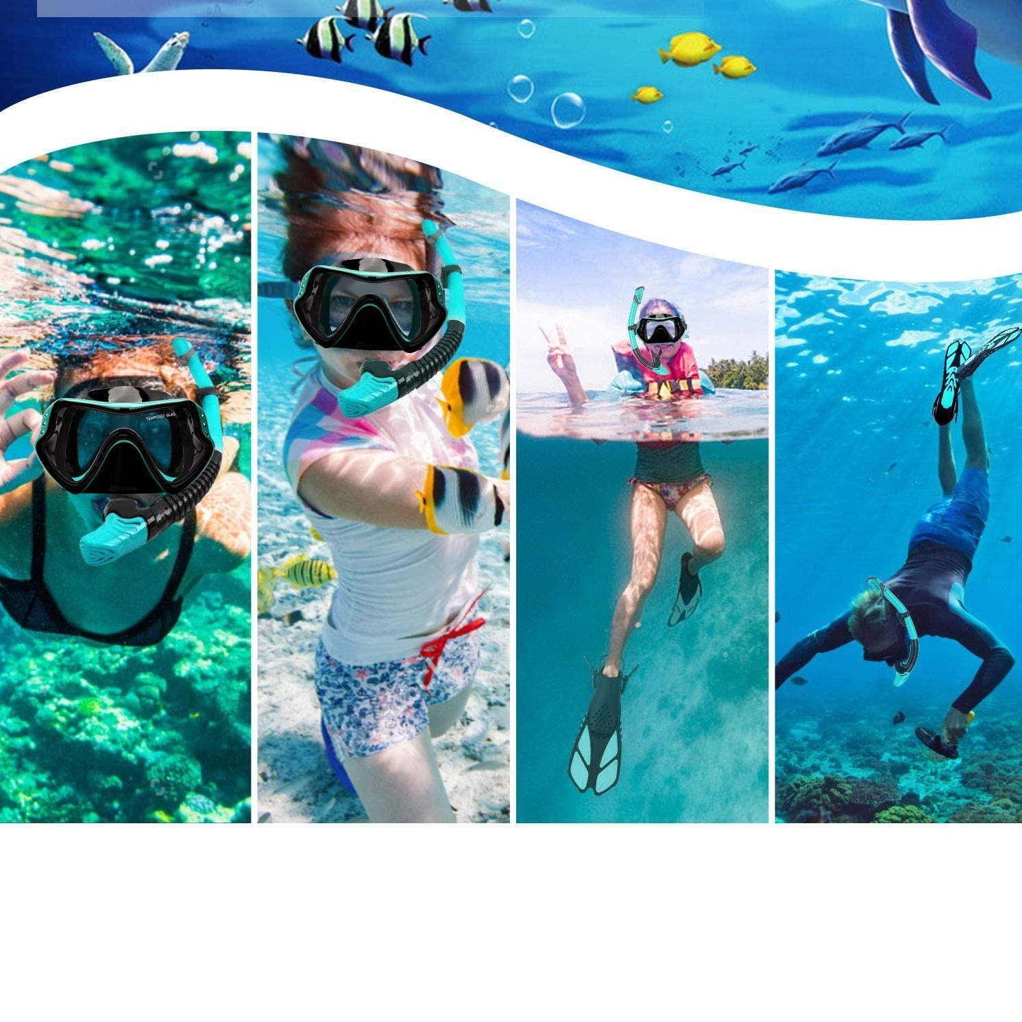 (3-tlg. Set) Taucher Equipment für Erwachsene Schnorchel Diving Kit Brille / Flossen / Schnorchel (Gr. S/M) - Türkis