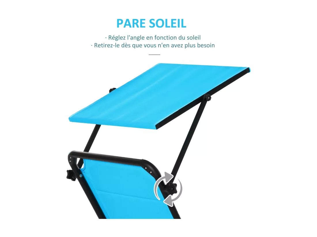 Bain de soleil transat pliable grand confort dossier pare-soleil réglables multi-positions alu. textilène bleu
