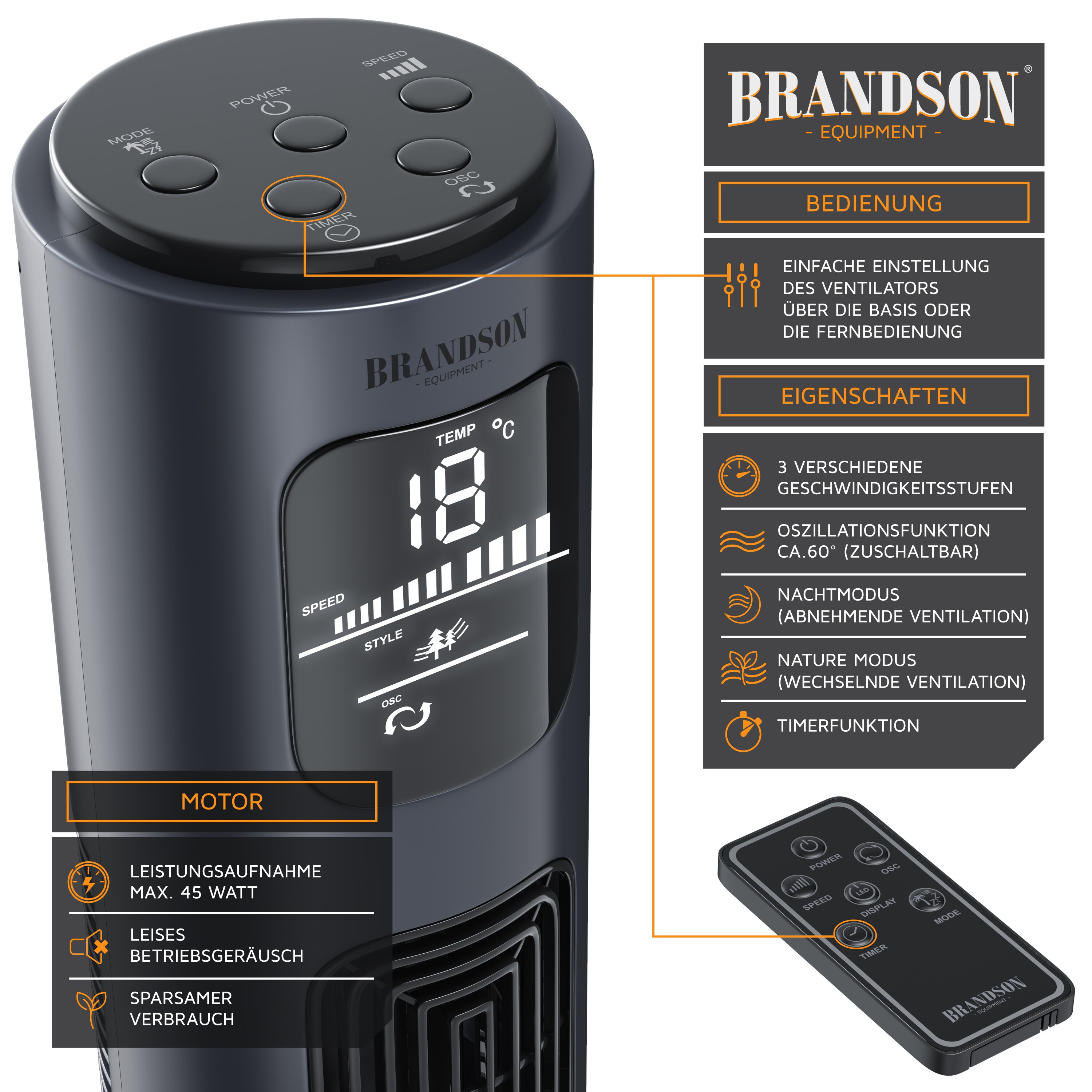 Brandson Turmventilator, 60° oszillierend, Standventilator, GS, mobiler Lüfter, Säulenventilator inkl. Fernbedienung, 96 cm, Ventilator