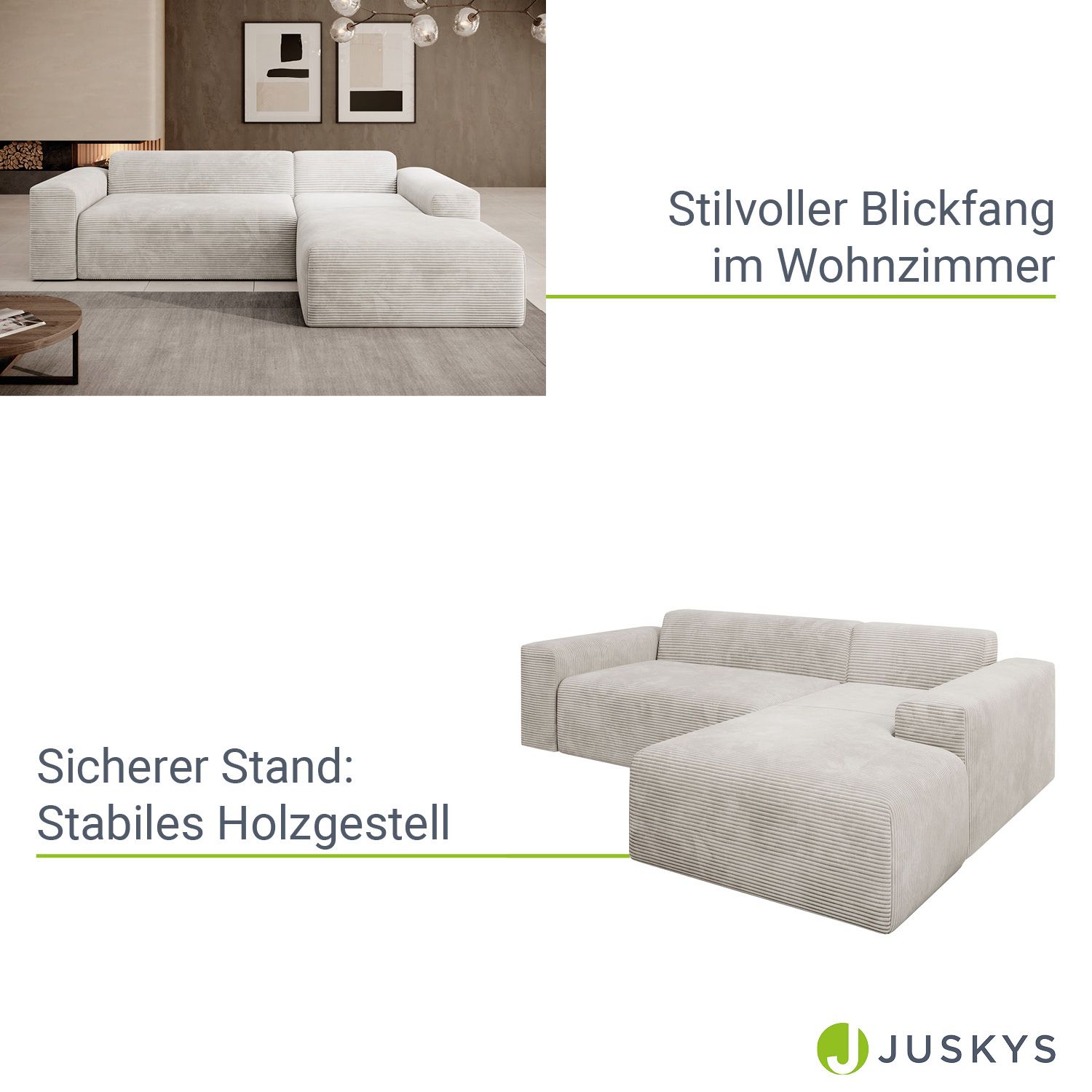 Juskys Sofa Vals Rechts mit PESO Stoff - Ecksofa Couch Wohnzimmer modern Sitzfläche - Beige