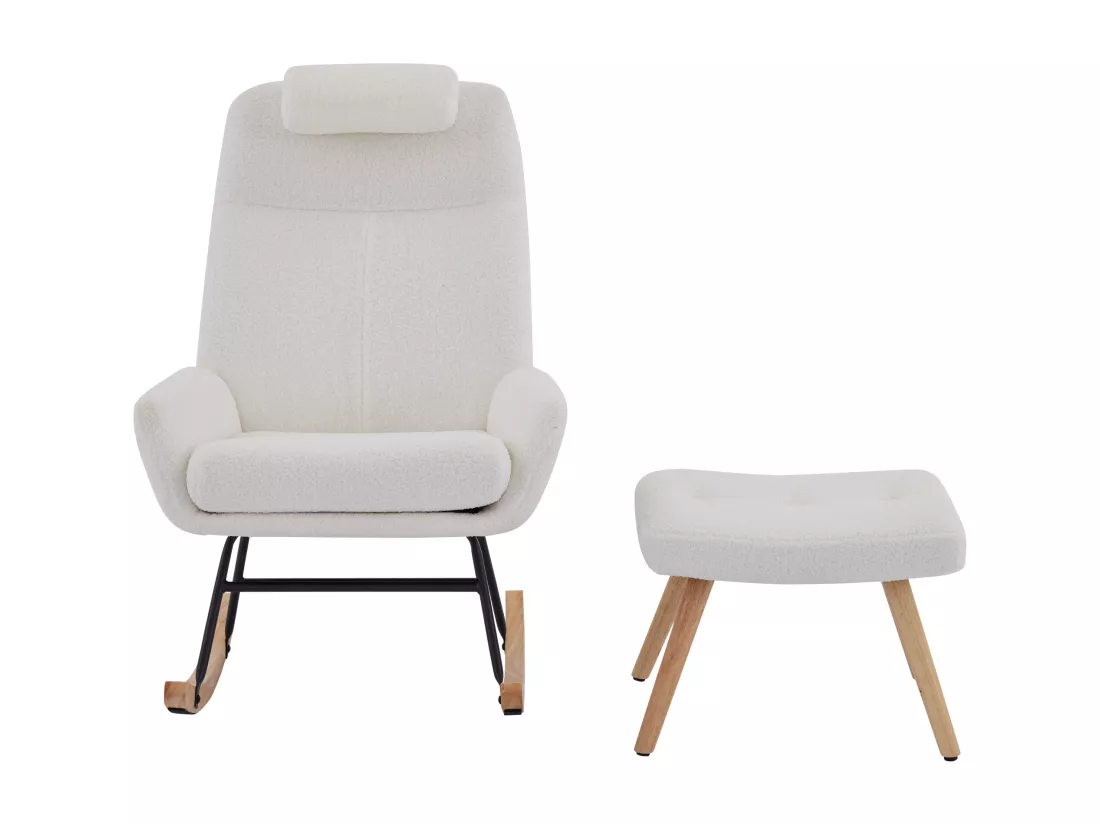 Fauteuil à bascule、Rocking chair en tissu teddy - avec appui-tête et repose-pieds - Blanc