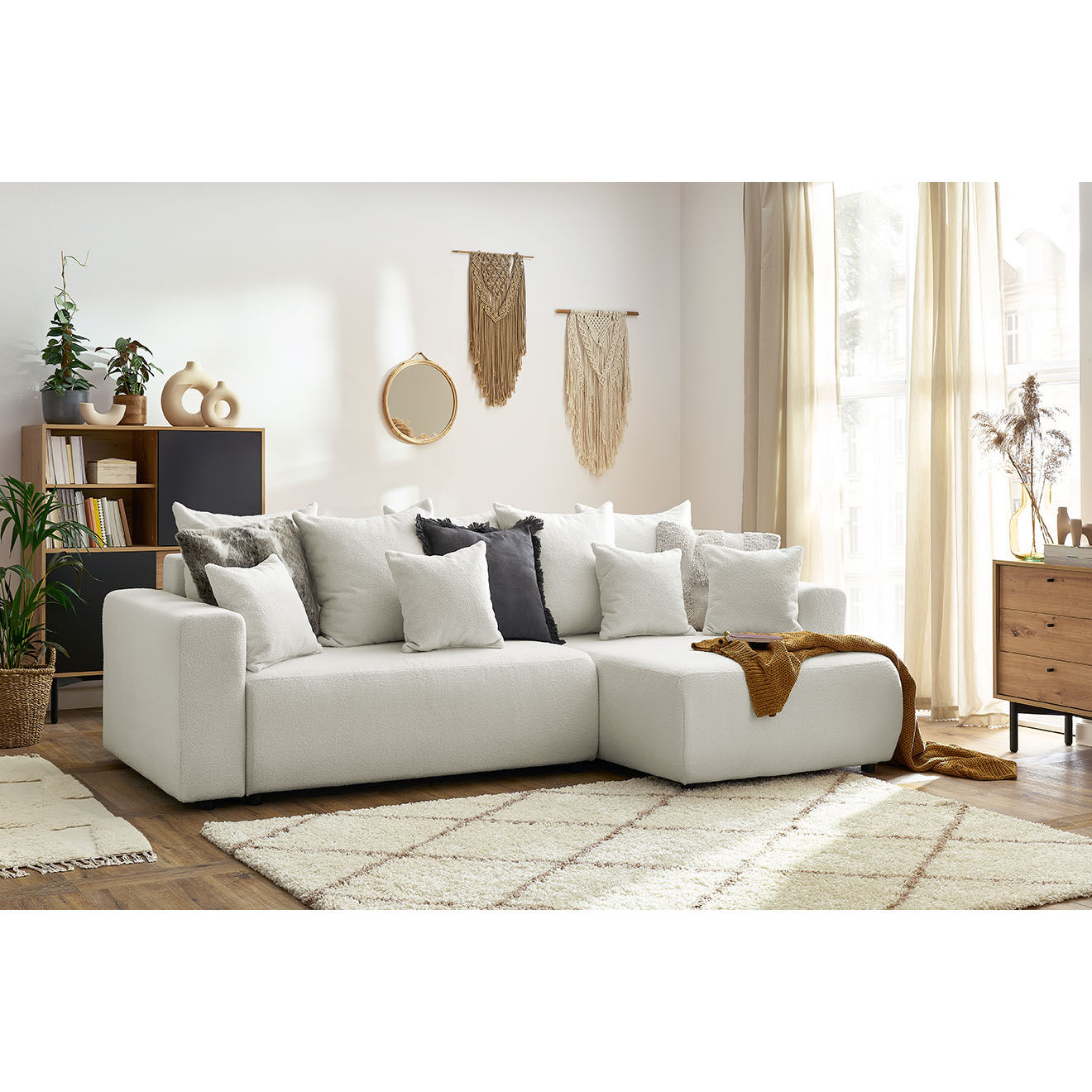 Bobochic Canapé d'angle convertible reversible bouclette Envy blanc - 282x153x95 cm