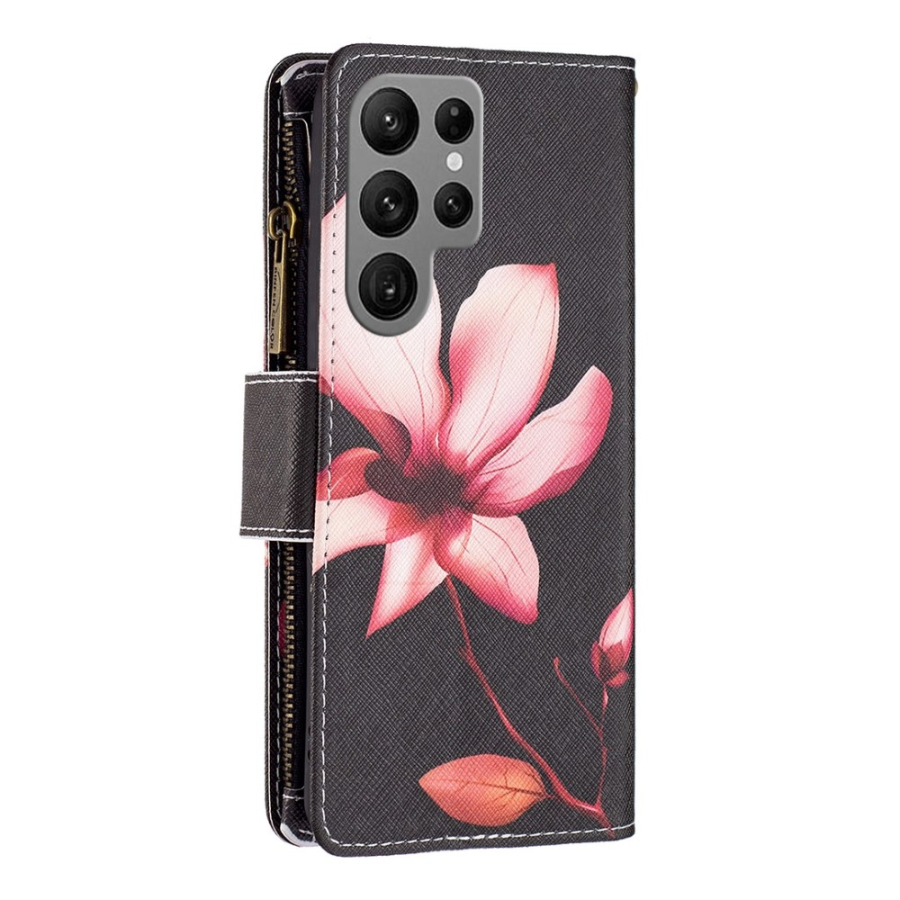 Samsung Galaxy S23 Ultra 5G Leder Wallet Etui Tasche mit 9 Kartenfächern   Münzfach - Pinke Blumen