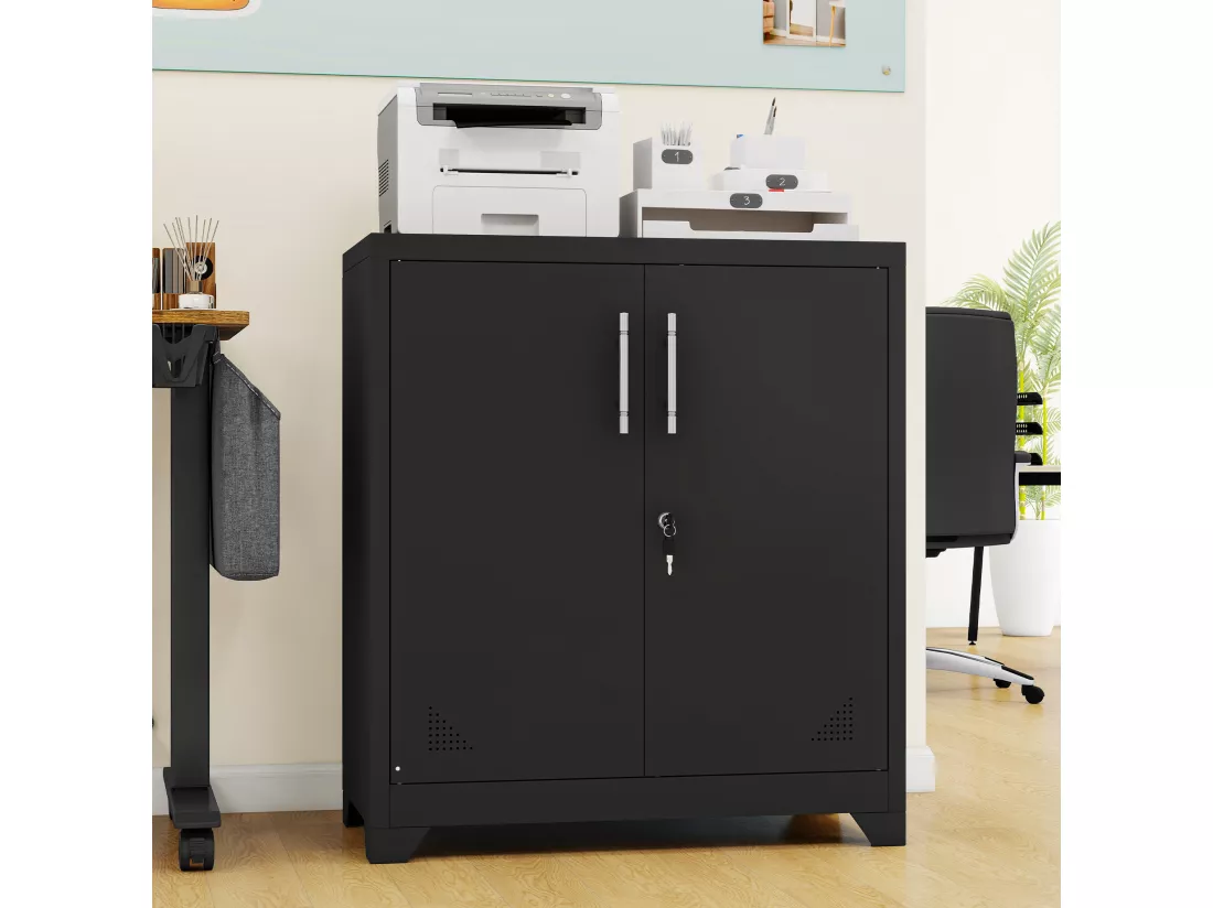 Meuble de Rangement Bureau - Armoire de Bureau Meuble Imprimante avec 2 Etagères Réglables - Noir - 80 x 40 x 90cm