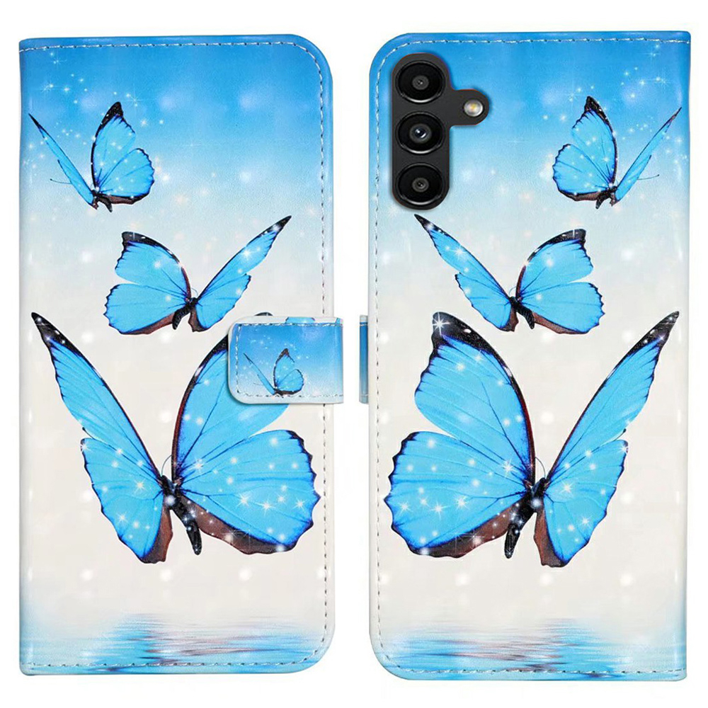 Samsung Galaxy S24 FE Leder Tasche mit Kartenfächern - Schmetterlinge (Blau)