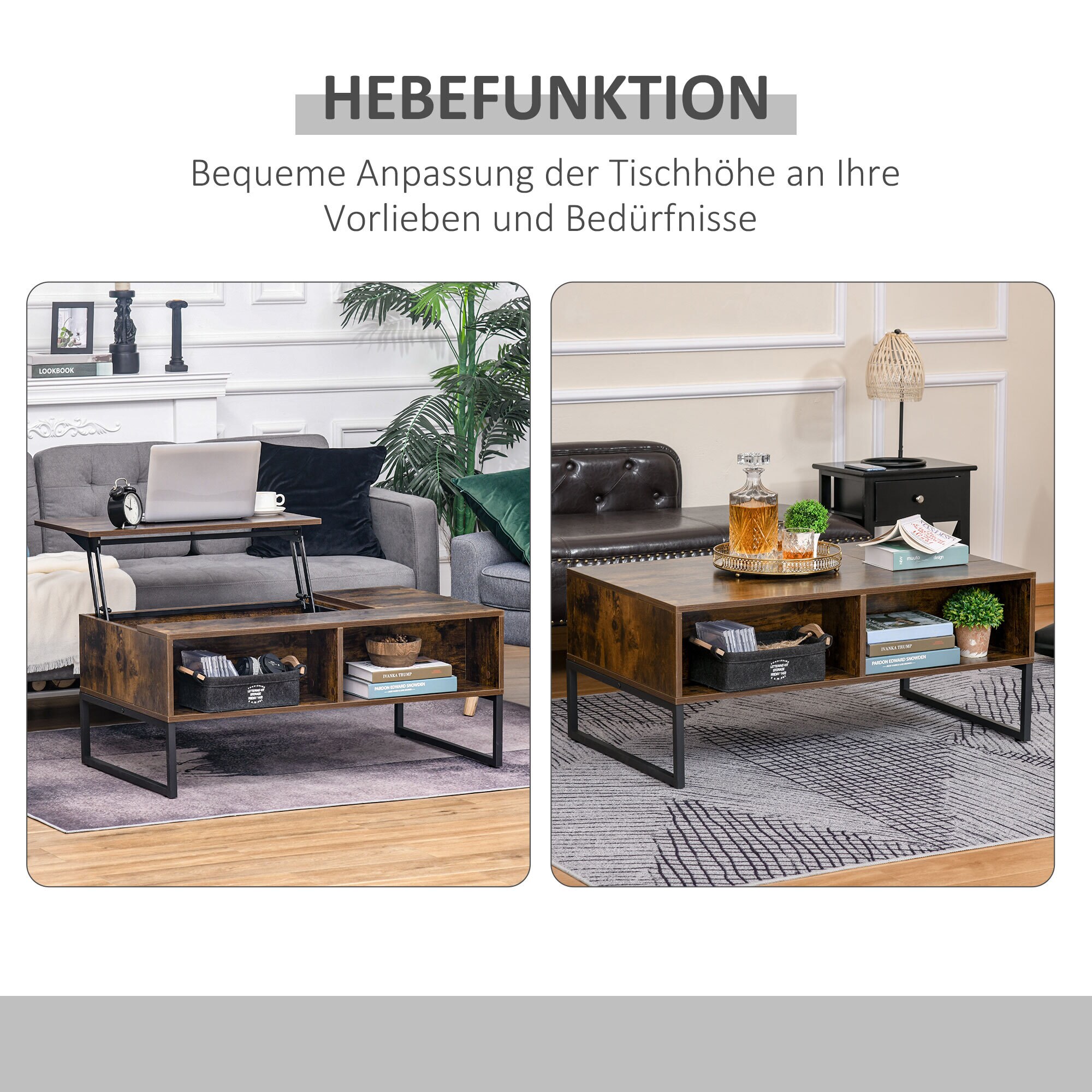 HOMCOM Couchtisch mit höhenverstellbarer Ablage braun 100 x 60 x 40 cm (BxTxH)