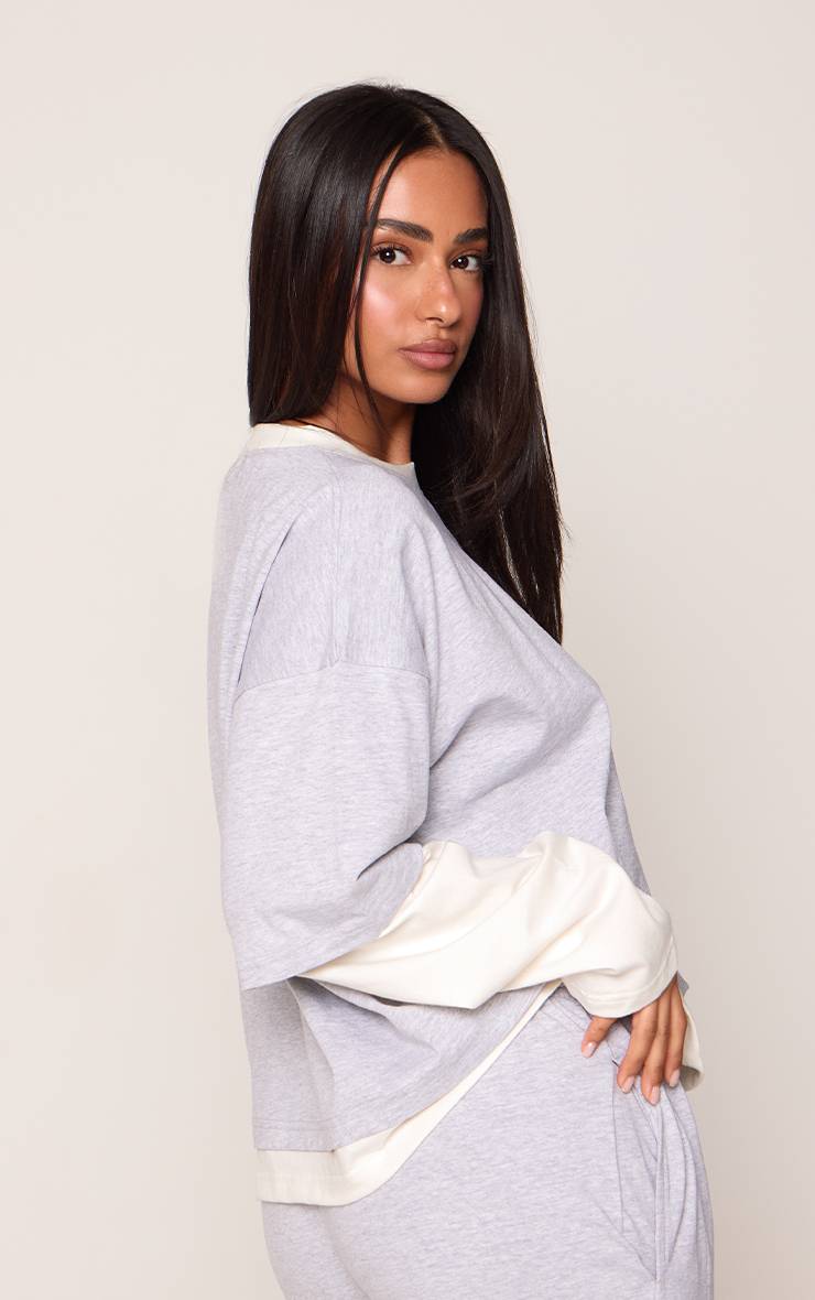 Gris Cendré T-shirt Petite À Manches Longues Double Couche Coupe Boxy