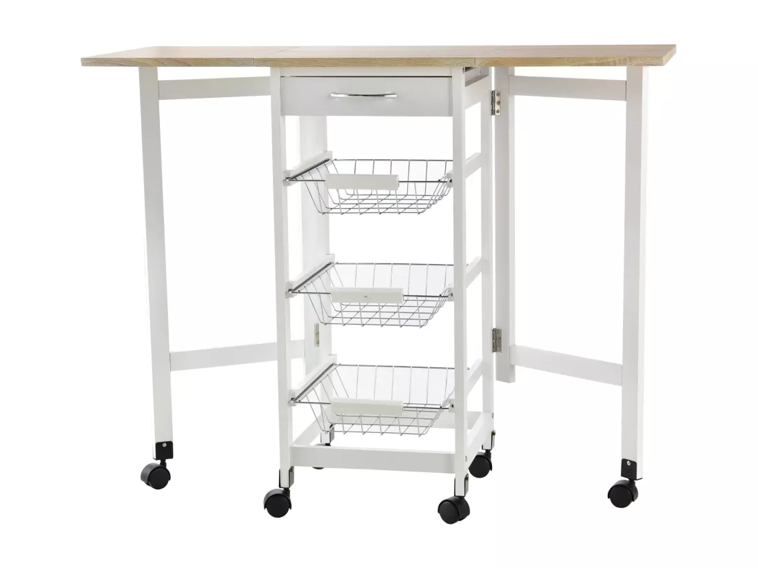 Chariot de service desserte de cuisine à roulettes multi-rangements 3 paniers métal + tiroir + rallonges MDF blanc chêne clair