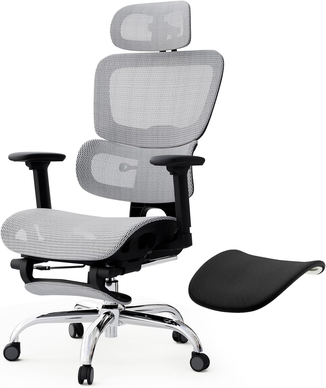 Ergonomischer Bürostuhl Voll-Mesh mit Abnehmbarem Kissen, Fußstütze, Höhenverstellbarem Rückenlehne, Kopfstütze & Armlehnen, Selbstanpassende Lendenstütze, PU-Rollen, 360° Drehbar, 150 kg , Hellgrau