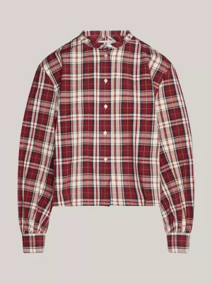Camisa cropped sem gola com estampa xadrez tartan