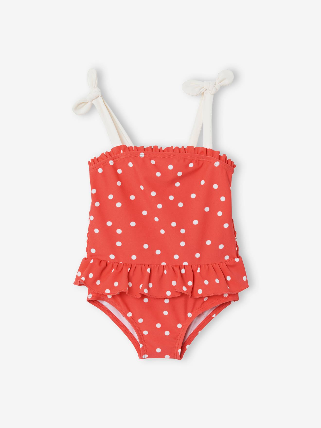 Maiô infantil com estampa de bolinhas, tamanho médio, rosa.