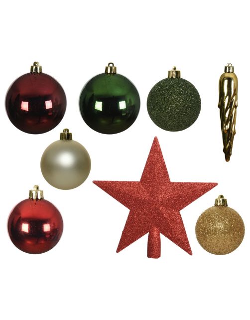 Decoris Kerstballen Mix - Kerstboomversiering - Goud Groen Rood 33 stuks 9 Assortiment