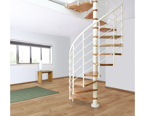 Pertura wenteltrap Koralia, beuken gelamineerd hout, Ø 120 cm, wit, 11 treden, 12 stootborden