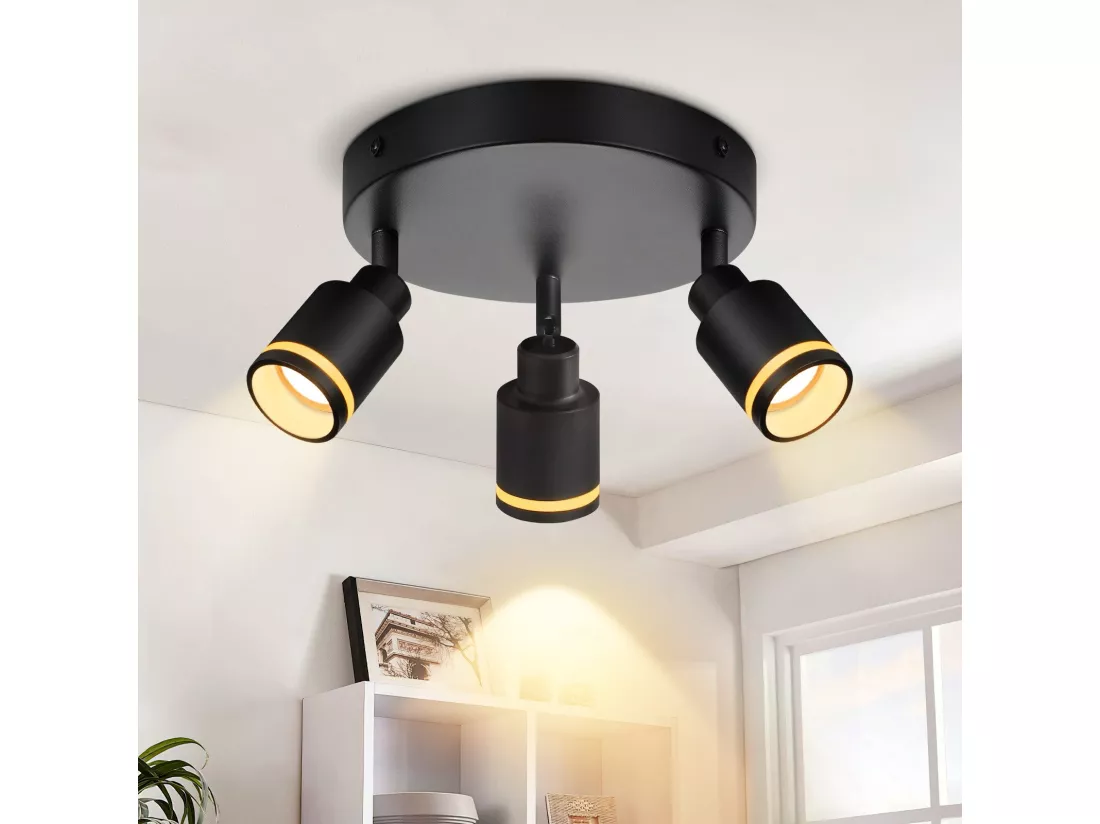 NETTLIFE Plafonnier noir moderne : 3 spots de plafond orientables en métal, plafonnier GU10, pour chambre, salle à manger, sans ampoule