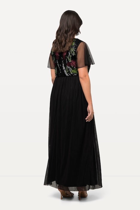 Maxikleid, Pailletten-Blüten, V-Ausschnitt, ärmellos