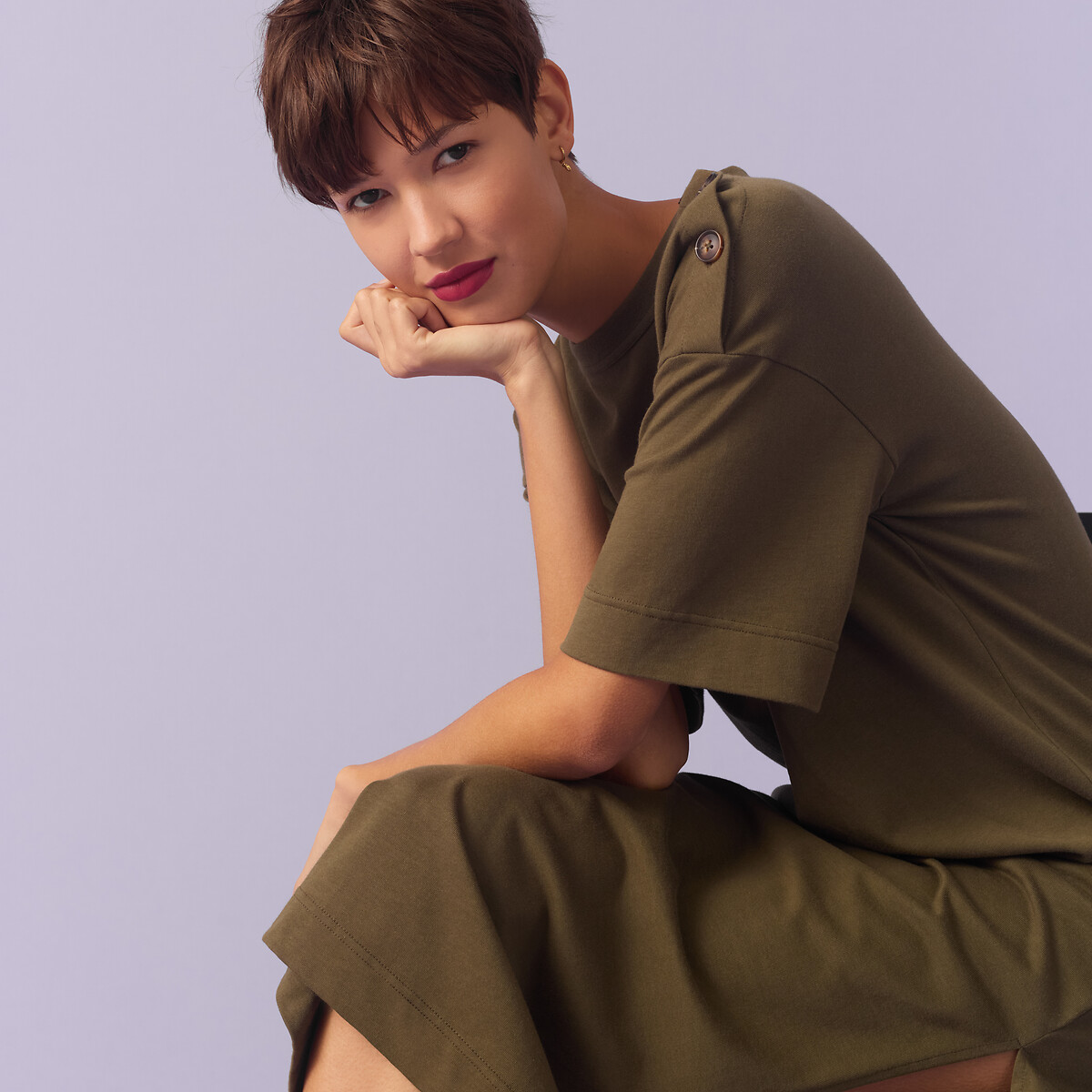 COLEÇÃO LA REDOUTE<br>Vestido longo em jérsei, fechamento com botão no ombro