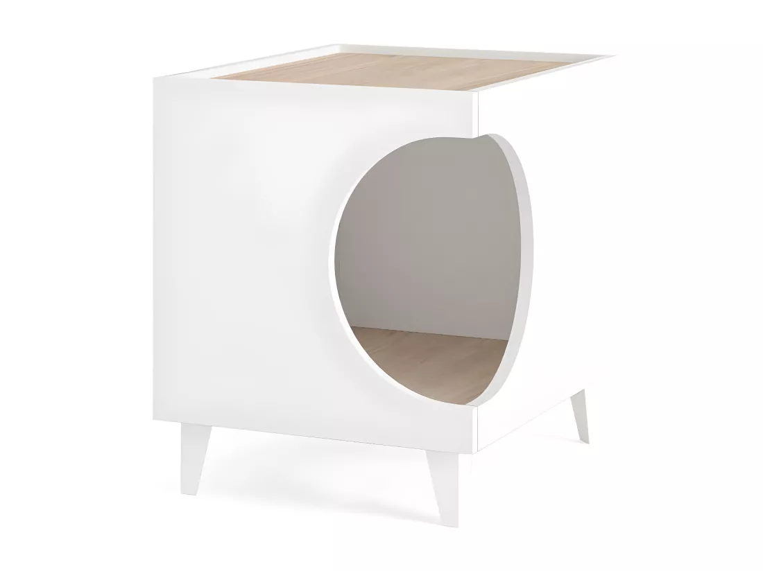 Table d'Appoint pour chien et chat ELLIE - Blanc/Chêne - Entrée latérale, 1 porte.