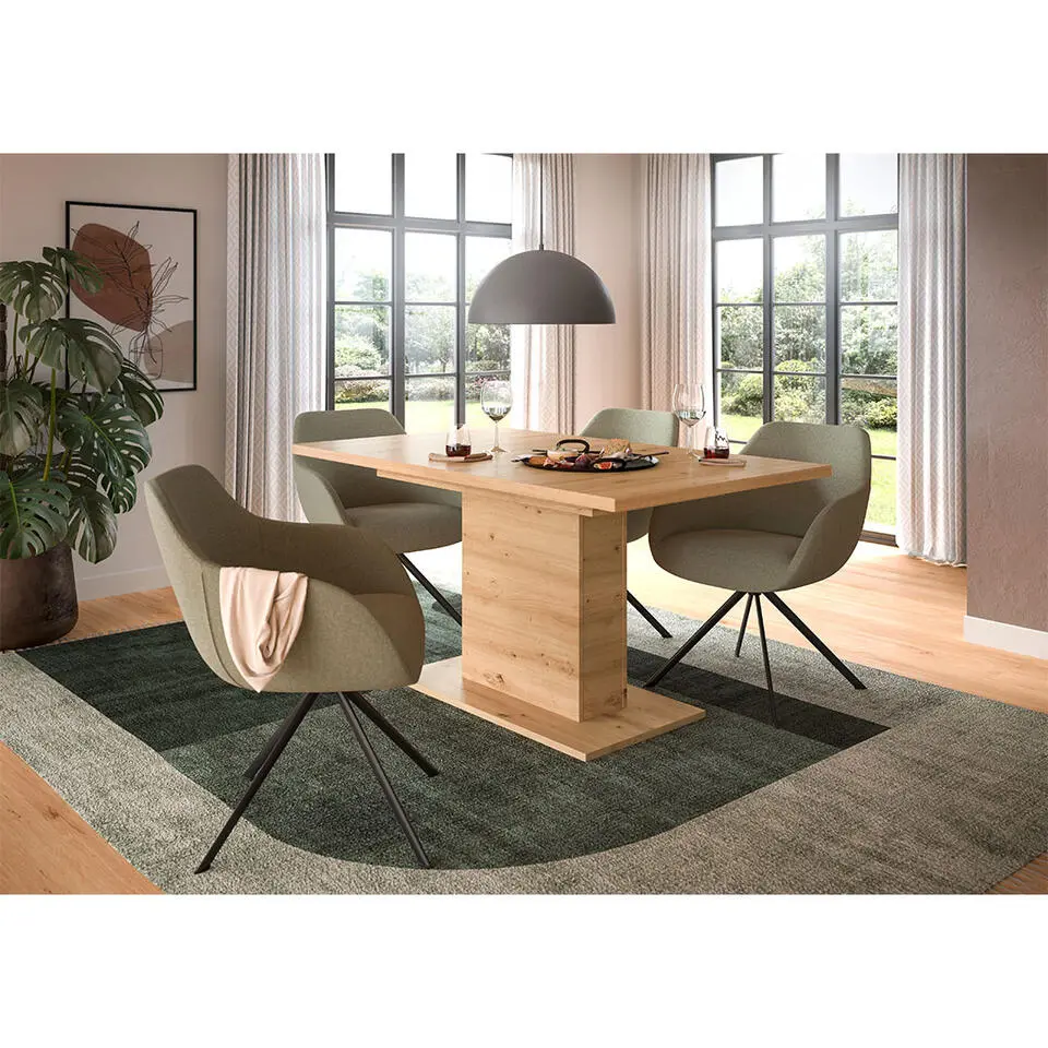 Hioshop Motion eetkamertafel zuilpoot 90x150/190cm incl 1 verlengblad eik