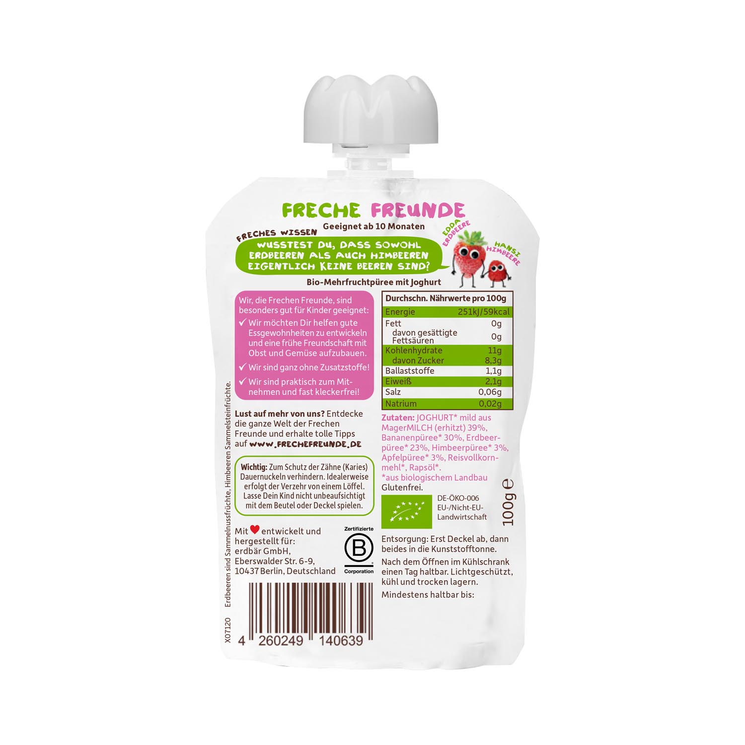 Freche Freunde Quetschmus Joghurt Erdbeer & Himbeere mit 40% Jogurt Btl 100 g