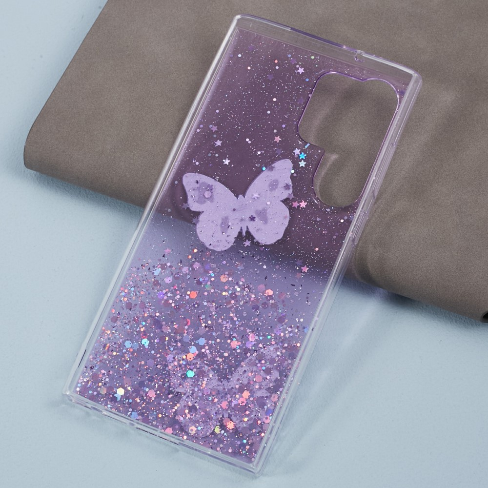 Samsung Galaxy S24 Ultra Hybrid Hardcase Schutzhülle im Glitzer Design Schmetterling - Lila / Transparent