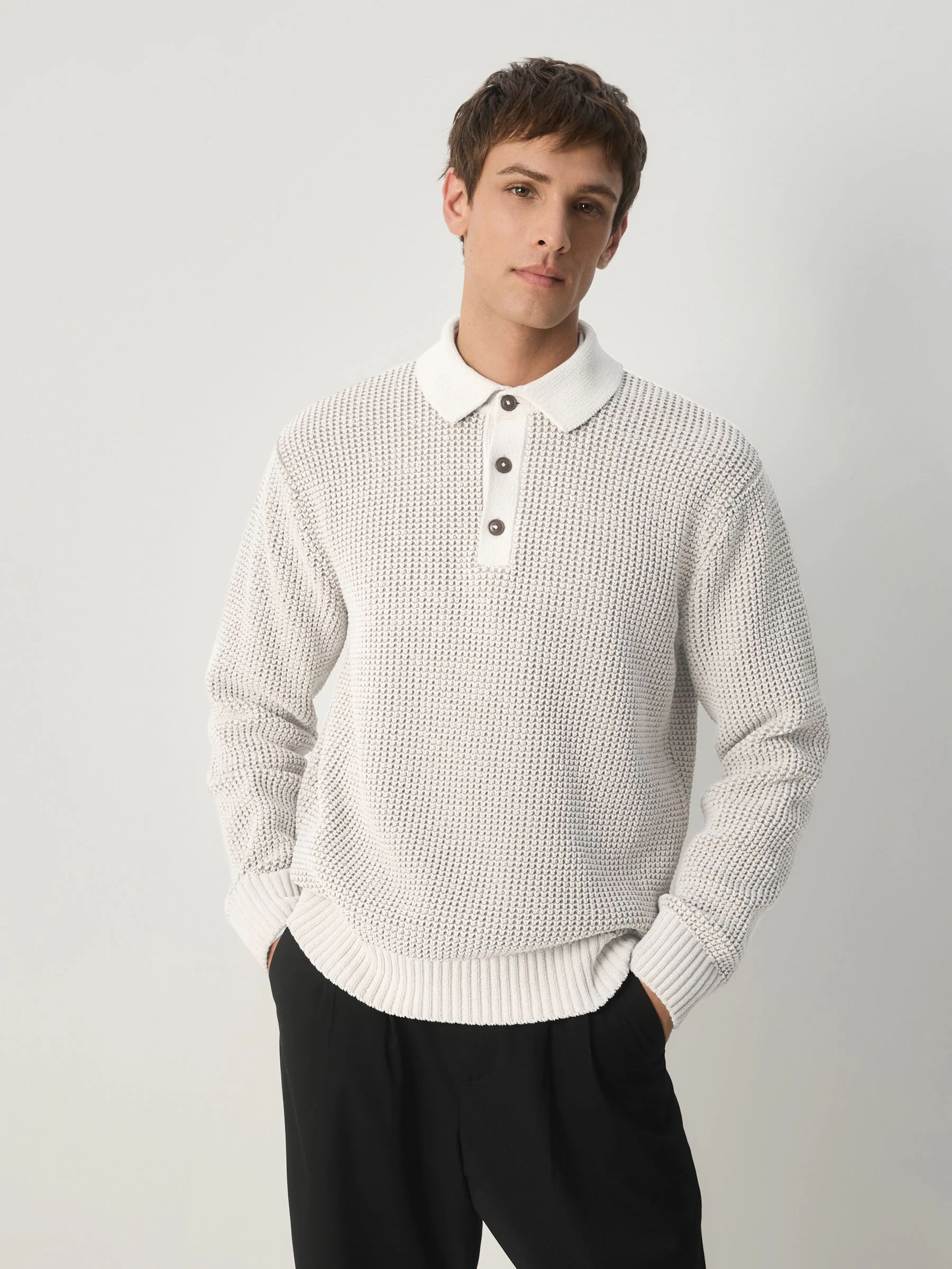 Ecru wit - Relaxed Fit Waffle Textured Chenille Long Sleeve Knit Polo Shirt
