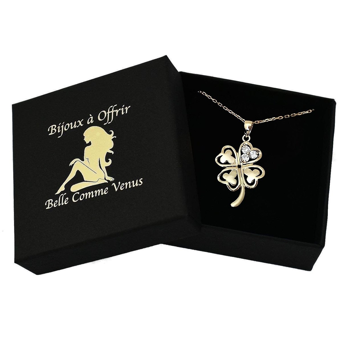 Collier porte-bonheur trèfle de coeurs oxyde de zirconium Plaqué OR 750 3 microns