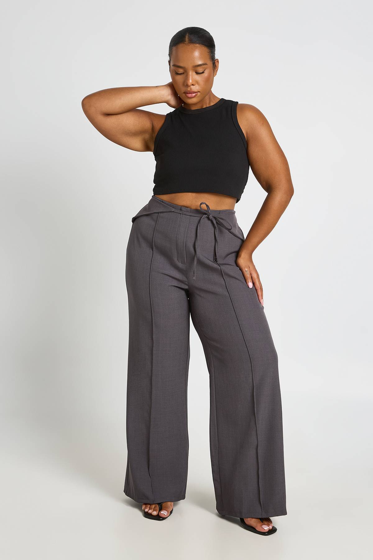 boohoo Pantalon Taille Haute Grande Taille Avec Ceinture À Nouer