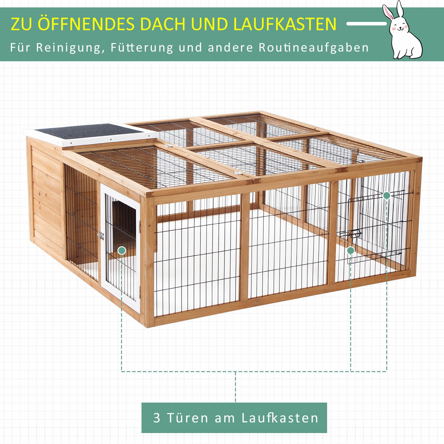PawHut Kleintierkäfig mit Häuschen und Auslauf natur 123 x 120 x 52 cm (LxBxH)