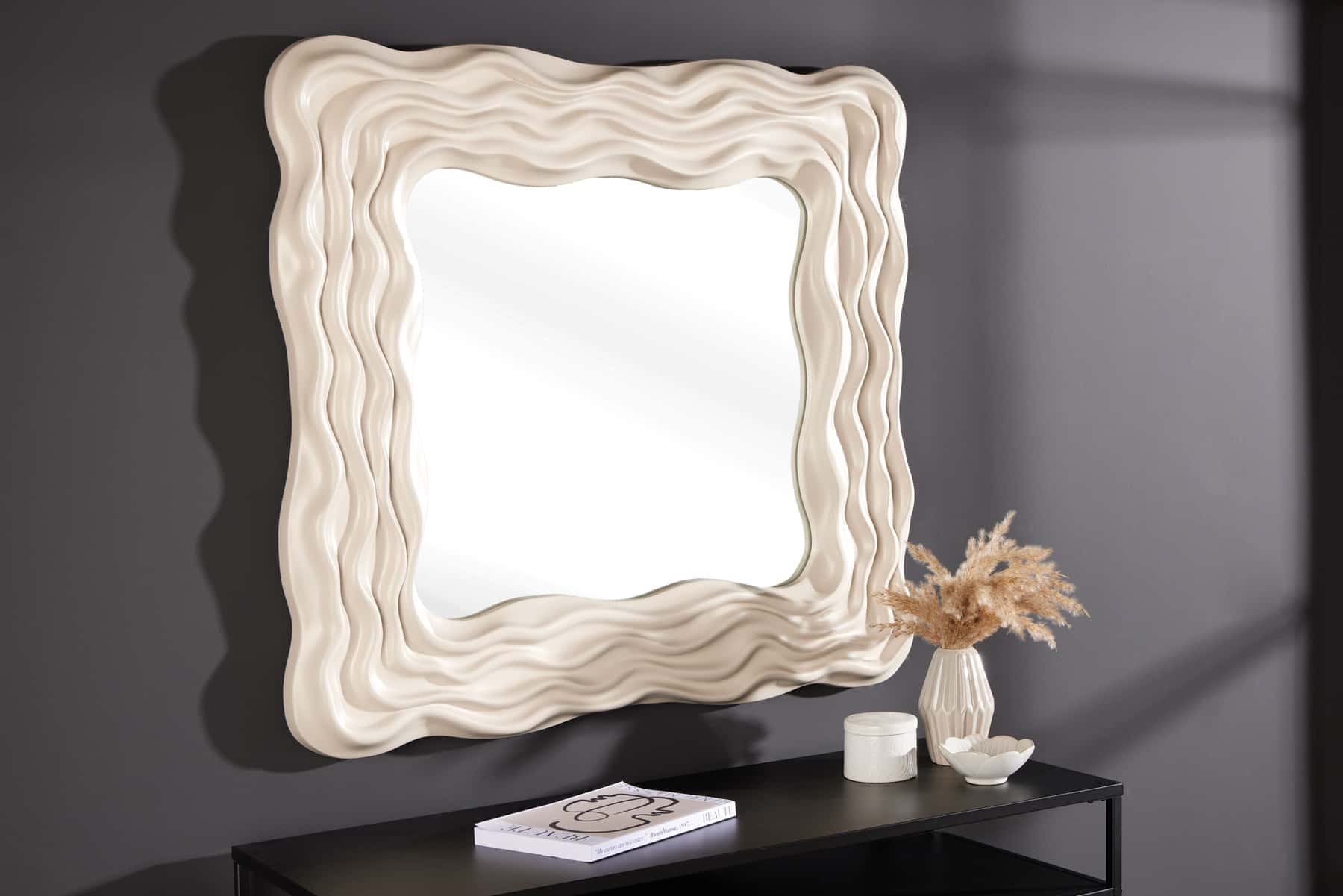 Moderner Wandspiegel WAVE 90cm greige abstraktes Wellen-Design quadratisch