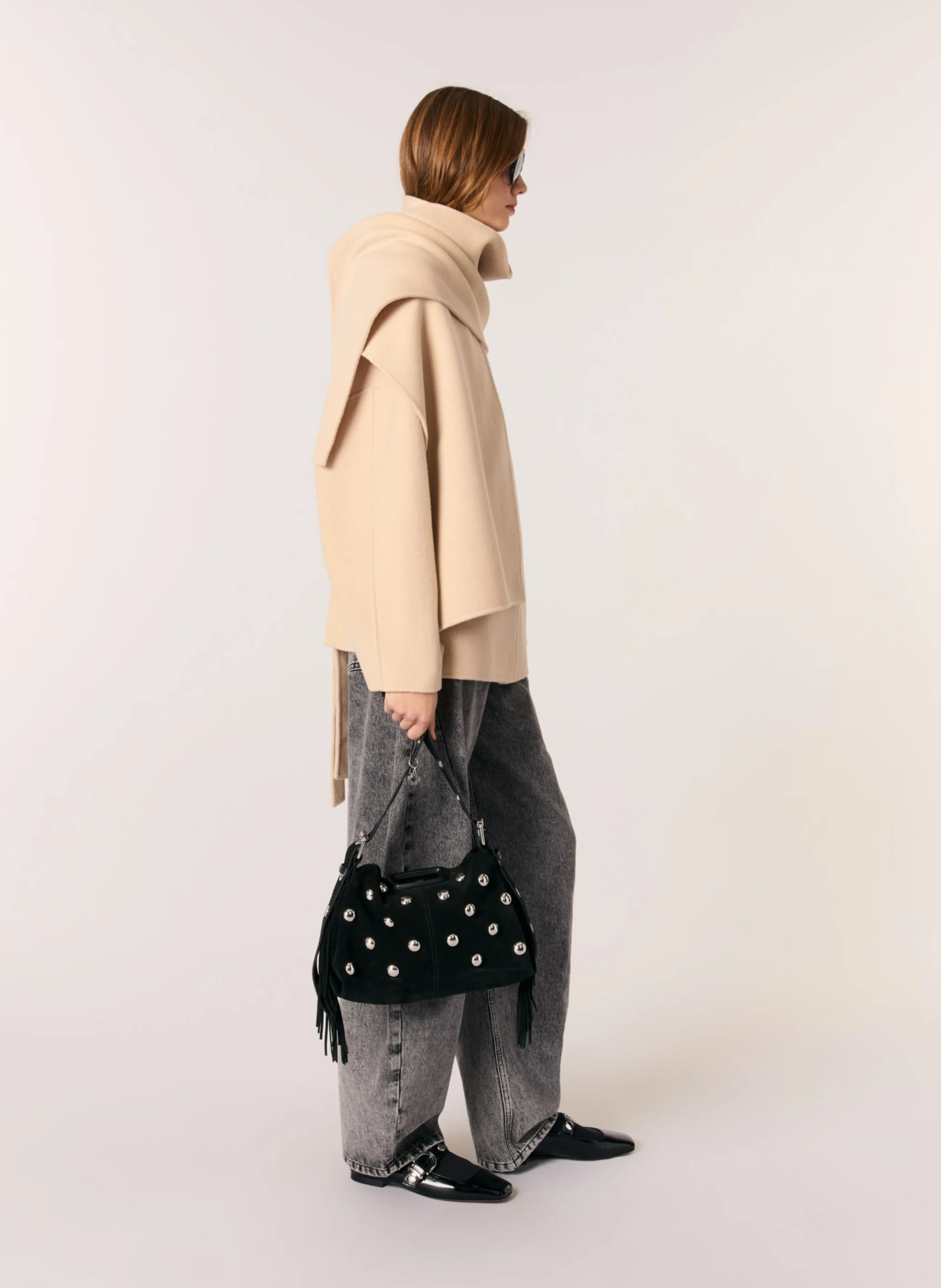 Manteau écharpe intégrée en laine mélangée| Beige
