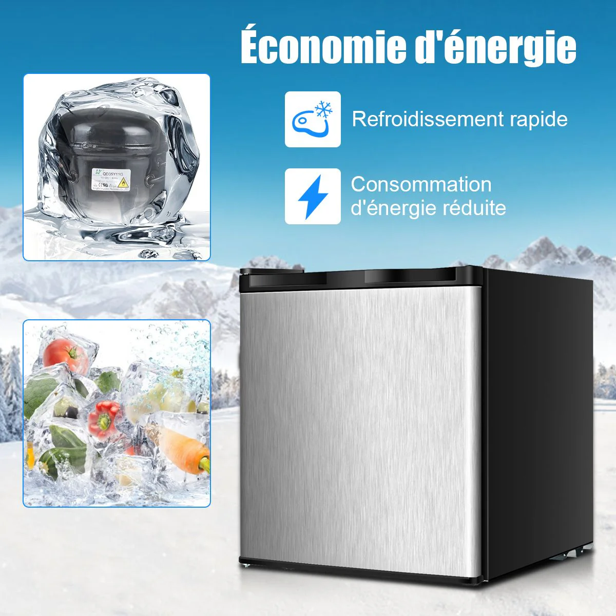 Mini Congélateur Vertical Capacité 31,1 L Porte Réversible en Acier Inoxydable Contrôle Mécanique Température Réglable
