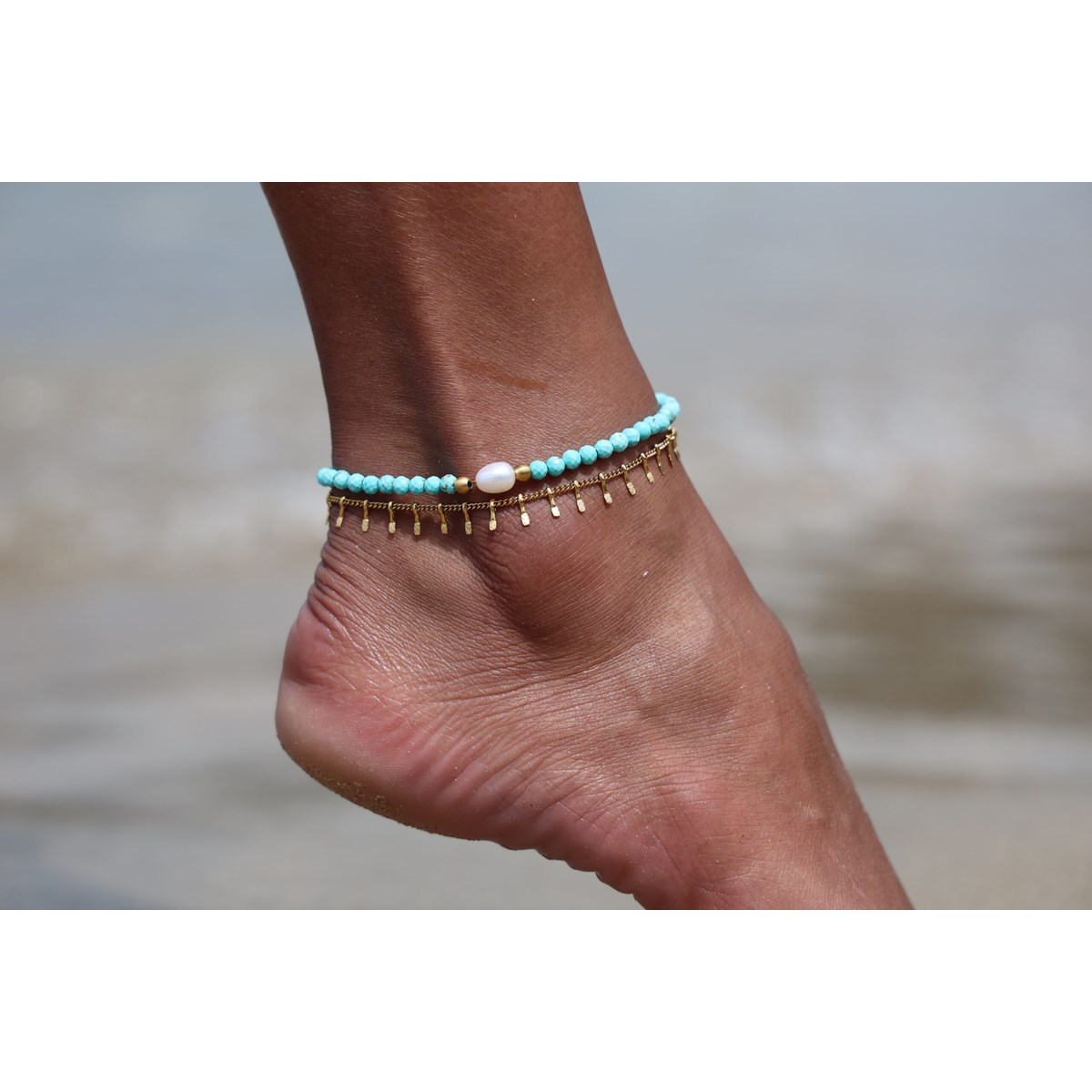 Sixty Stones - 60 - Chaîne De Cheville Perles Doré Et Turquoise - 25 X 0,4 Cm-