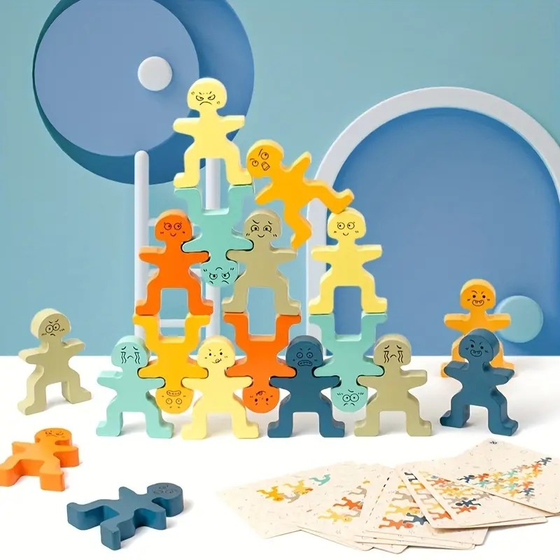 (29-tlg. Set) Holz Stapel Männchen Kinder Spielzeug Balance Bausteine Stapelblöcke Spiel inkl. Aufbewahrungs Beutel - Bunt
