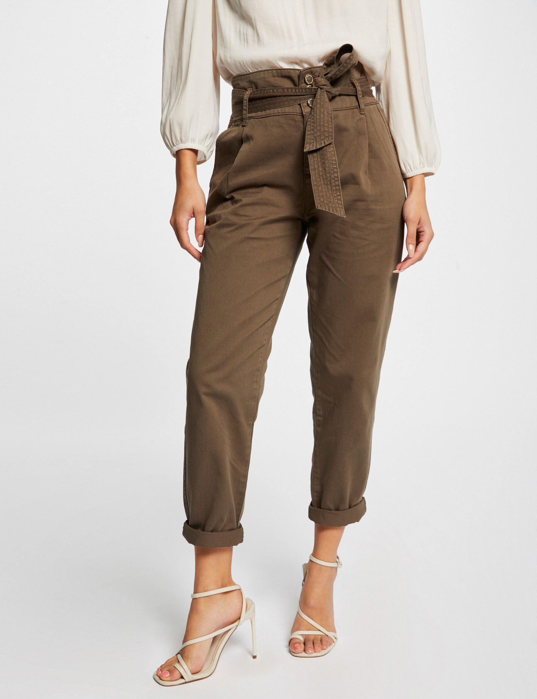 Pantalon carotte ceinturée 7/8ème vert kaki femme - vert_kaki