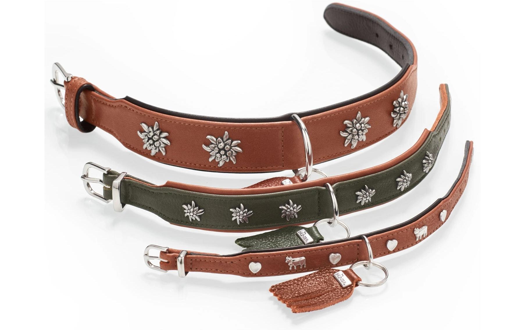 Halsband München Mini 30/XS, Rindsleder, Cognac/SchwarzKlassisches Halsband für kleine Hunde und Welpen, mit auffälligen Besätzen im Trachten-Look