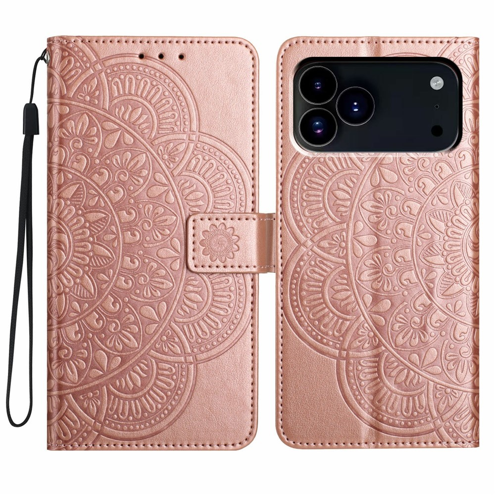 iPhone 17 Pro Leder Tasche Wallet - Mandala Flowers Imprint - Roségold